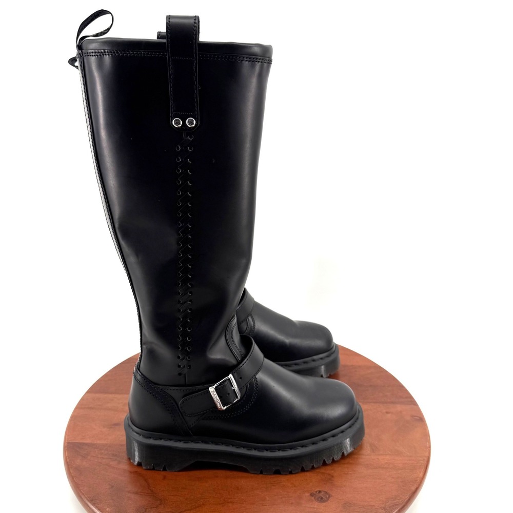 Dr. Martens Anistone Knee High Biker Boots Black Leather Platform Buckle Women 8